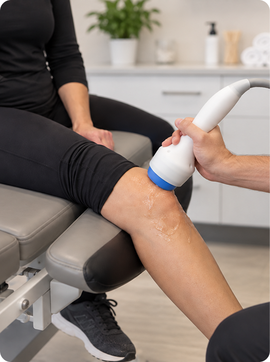 Shockwave handpiece with gel being applied to a patient's knee
